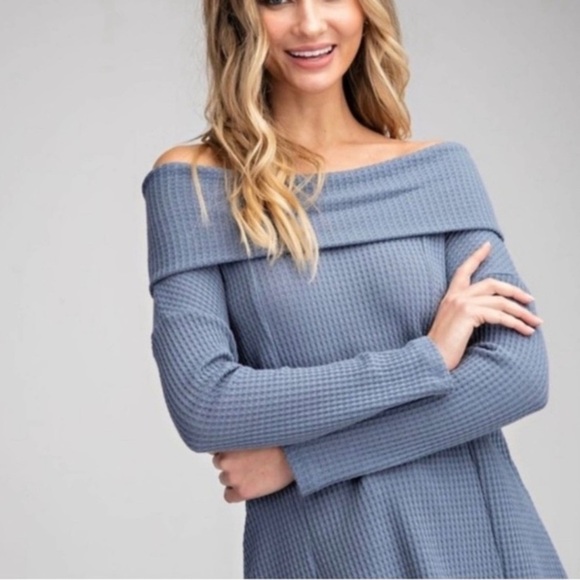 Waffle Knit Off Shoulder Top Blue Denim Sweater - Picture 2 of 8